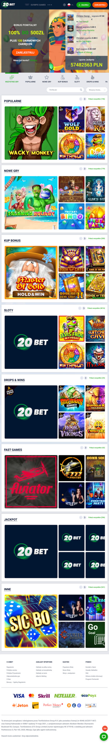 Screen z homepage kasyna  20BET