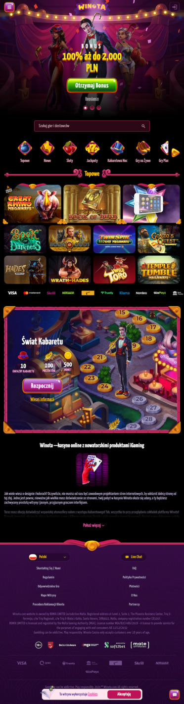 Screen z homepage kasyna  Winota